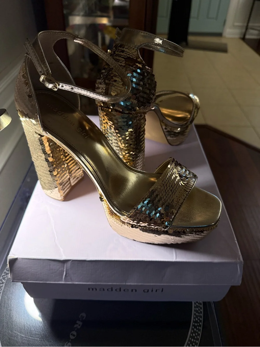 Madden Girl Metallic Gold Sequin Platform Heels